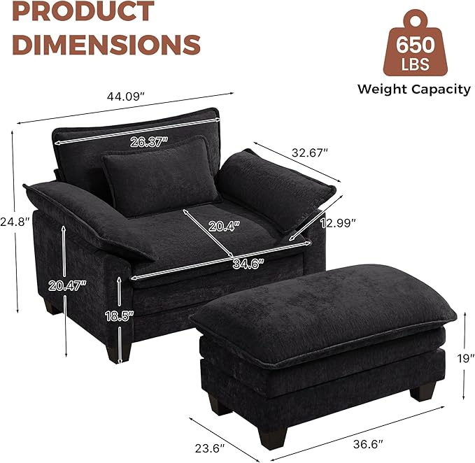 Oversized Accent Chair with Ottoman, Upholstered Armchair with Extra Thick - Image 2