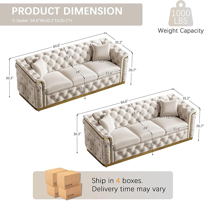 Luxury Chesterfield Sofa Set of 2, Velvet Tufted Couch Victorian Black and Gold - Image 2