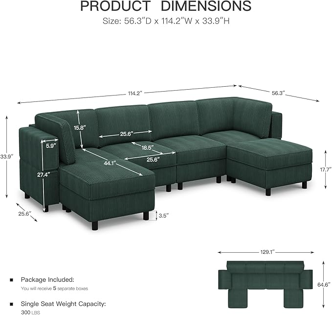 Belffin Modular Sectional Sofa U Shaped Sectional Sofa Couch 6 Seater Corduroy - Image 2