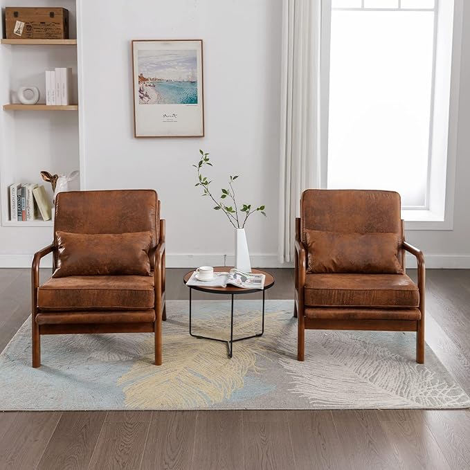 Mid Century Modern Accent Chair Set of 2 Living Room- Comfy Solid Wood Arm Chair - Image 8