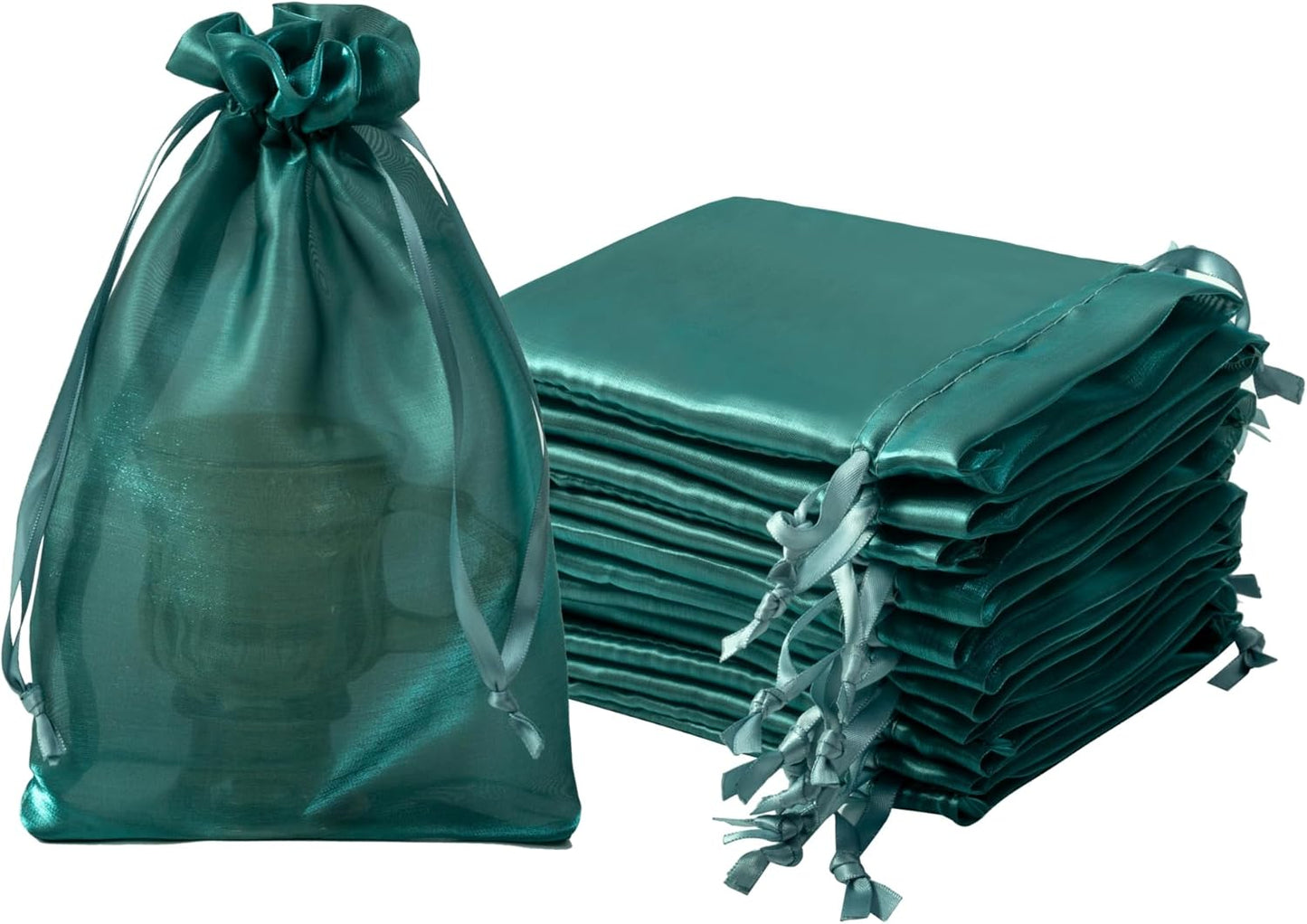 QIANF 20 Pcs Dark Green Small Organza Bags 6X9 inch for Wedding Favors with Drawstring, Mini Mesh Gift Bags Jewelry Pouch for Candy Bridal Shower Party Favor Baby Shower Christmas