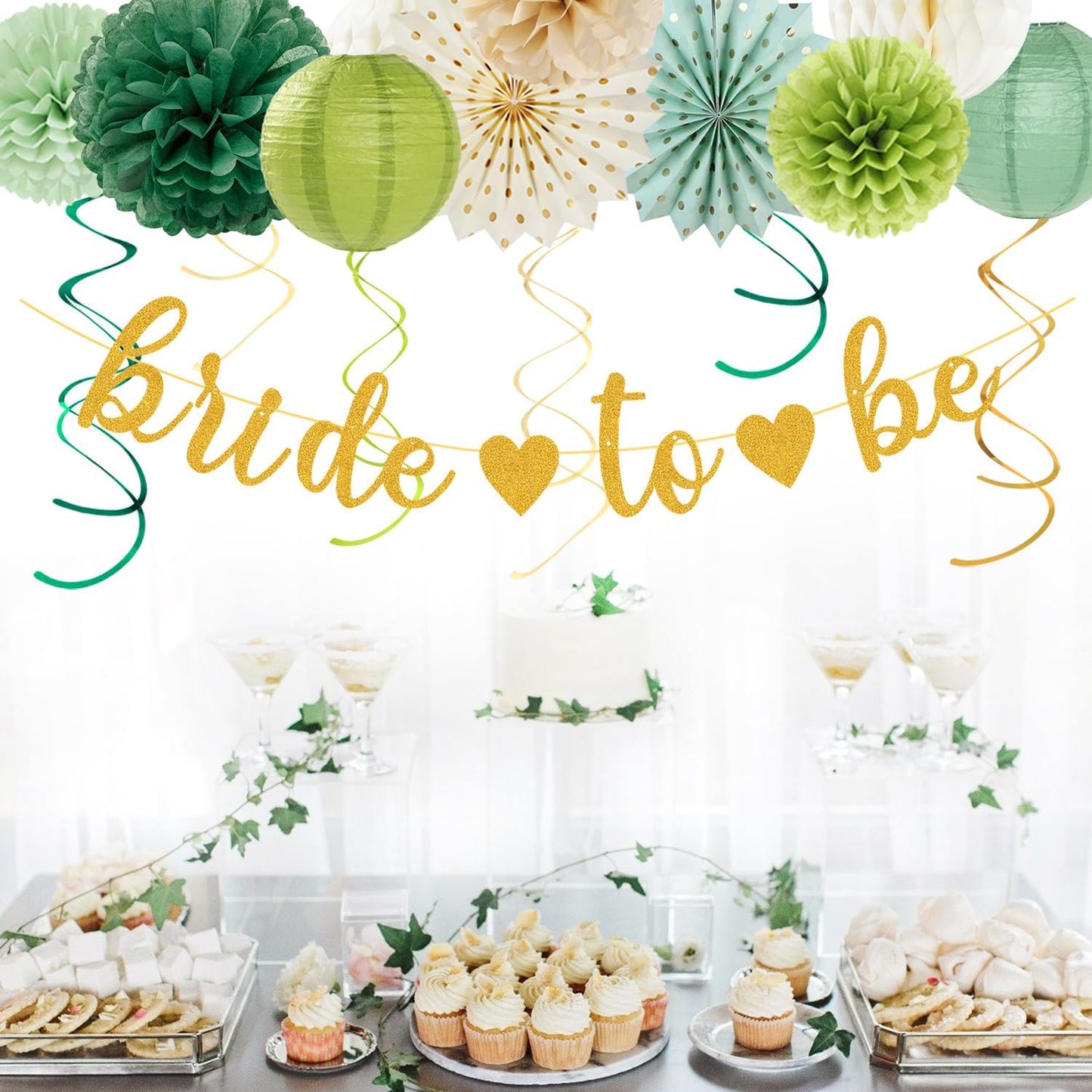 Sage Green Champagne-Gold Bachelorette Party-Decorations - 21pcs Baby Bridal Shower Banner Garland, Bride To Be Paper Streamers Lanterns,flower Tissue Pom Poms Fan,Wedding Backdrop Decor Huglony