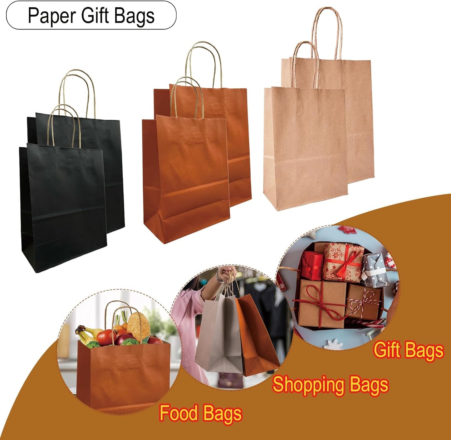BAG BOX 50 Pack Small 5.9x3.1x8.25 Inch Orange Kraft Paper Gift Bags with Handles for Bulk Shopping, Retail, Craft, Party Favors, Wedding, Grocery & Sacks