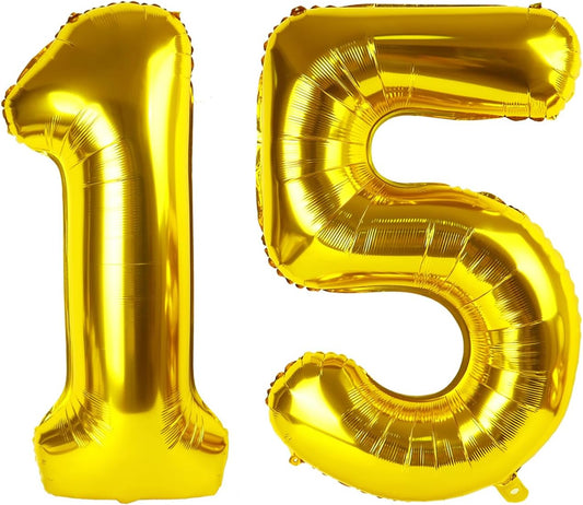 Large Gold 40 Inch Birthday Number 15 51 Balloon, 15th 51 Birthday Anniversary Celebration Decorations, Foil Mylar Helium Numbers 15 Balloons Girl Boy Party Supplies