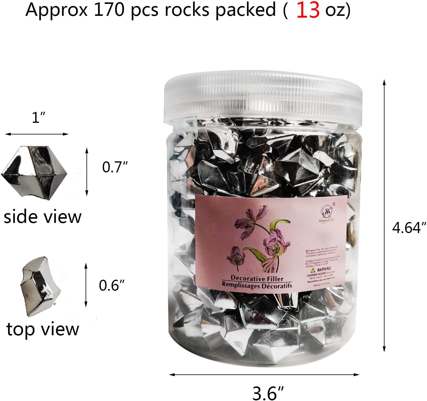 HappyFiller Silver Fake Ice Rocks Cubes Acrylic Gems Treasure Gemstones for Vase Fillers,Wedding Table Scatters,Crafts,Christmas Home Decorations,13 OZ