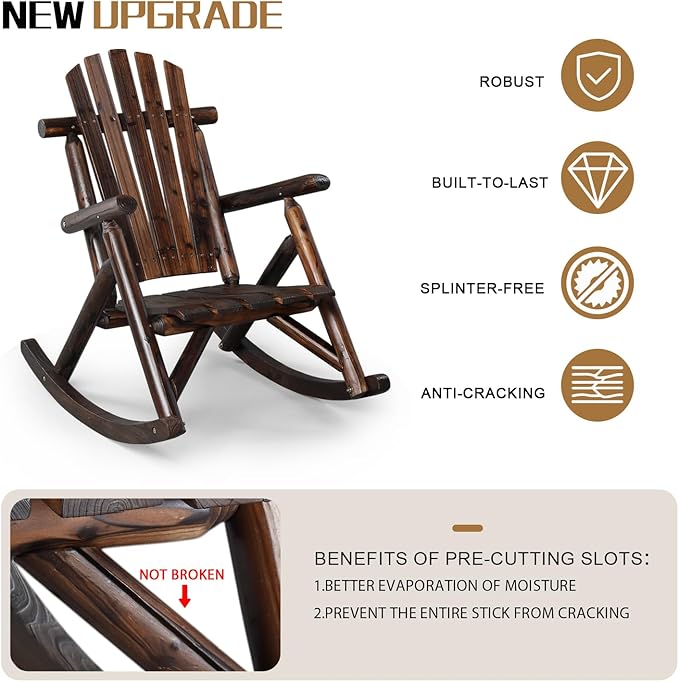 Outvita Wooden Rocking Chair, Fir Log Adirondack Rocker, Outdoor Wood Accent - Image 5