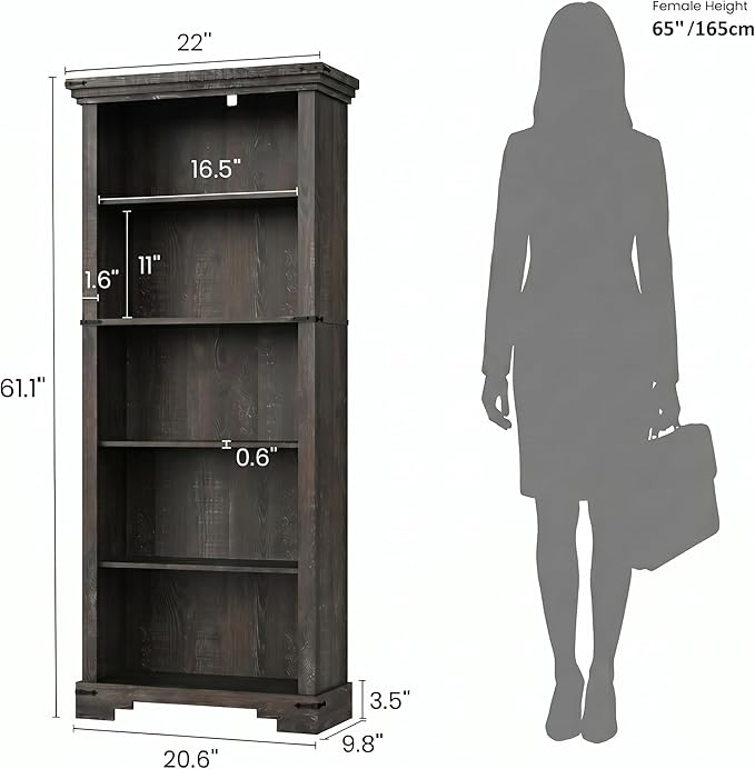 5-Tier Farmhouse Bookshelf, 61.1 inch Tall Bookcase - Image 2