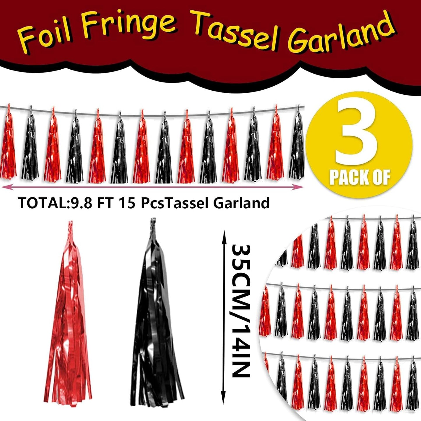 3P Metallic Fringe Tassel Banner Garland Foil Tinsel Streamer Wall Hanging Curtain Backdrop Banner for Parade Floats, Halloween Decorations, Christmas Day Party Decoration(Black red)