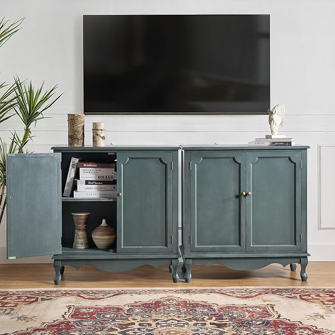Solid Wood Sideboard with Adjustable Feet, 2 Shelves Storage Accent Cabinet - Image 9