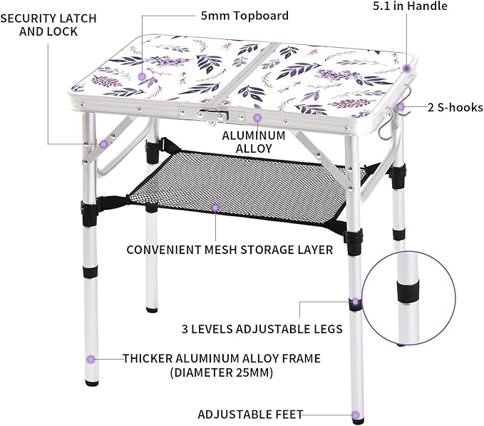 Yriuat Folding Camping Table 2ft Portable Picnic Table Adjustable Height Small - Image 4