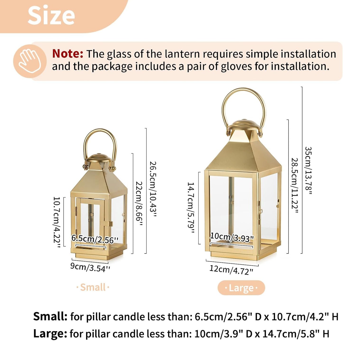NUPTIO Gold Lanterns Decorative for Wedding: 11.2 Inch Tall Metal Lantern Decor with Glass - Outdoor Pillar Candle Holder for Table Centerpiece Dining Room Mantel Patio