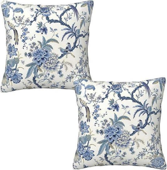 Chinoiserie Blue and White Pillow Covers 18x18 Set of 2, Bird and Flowers Throw by Tebjh