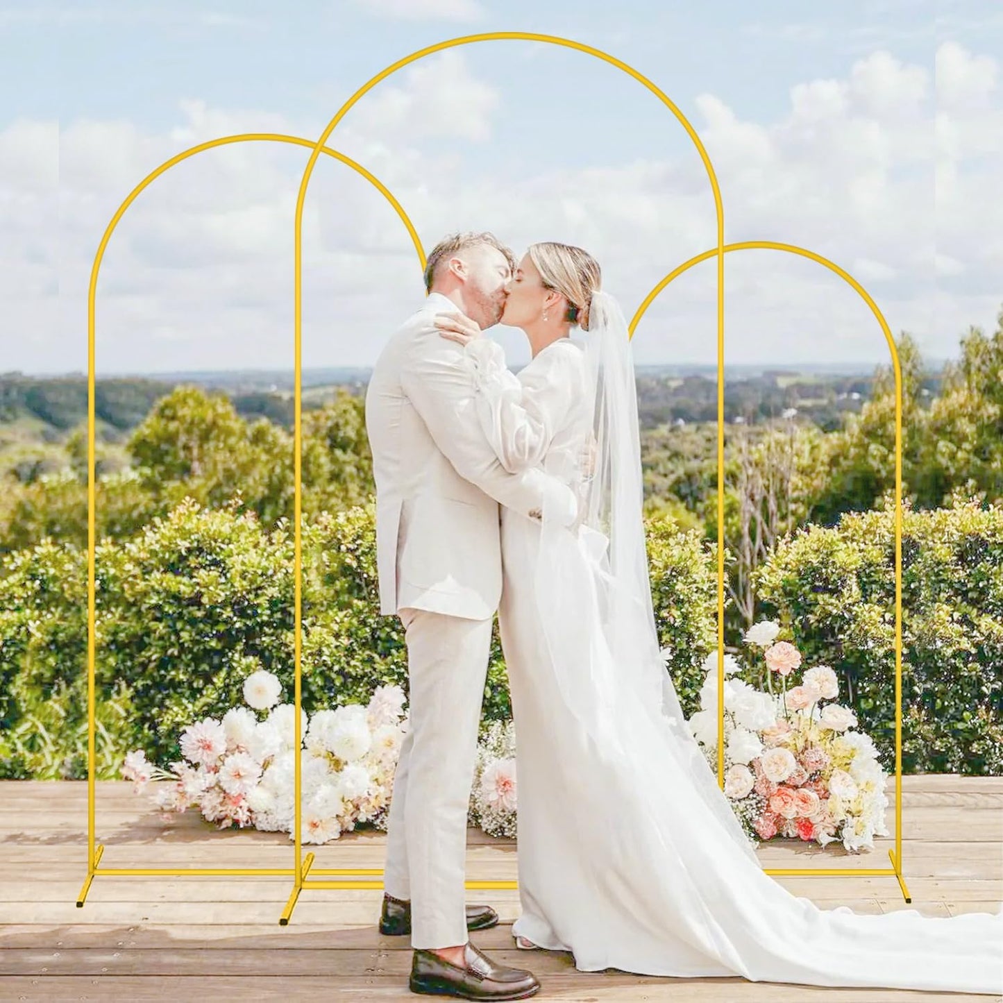 MODFUNS Metal Arch Backdrop Stand and Cover Set 4&5&6ft Khaki Arch Cover Gold Wedding Arched Frame Brown Backdrop Covers Arched Stand with Covers for Wedding Ceremony Birthday Party Decor