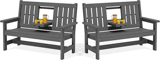 SERWALL Outdoor Bench with Cup Holder, Oversized 58" HDPE Porch Bench Suitable by SERWALL