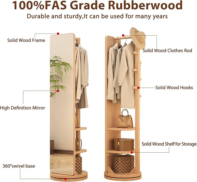 WoodsWhisper Full Length Mirror Coat Rack Solid Wood Floor Mirror 70"x16" Full - Image 3