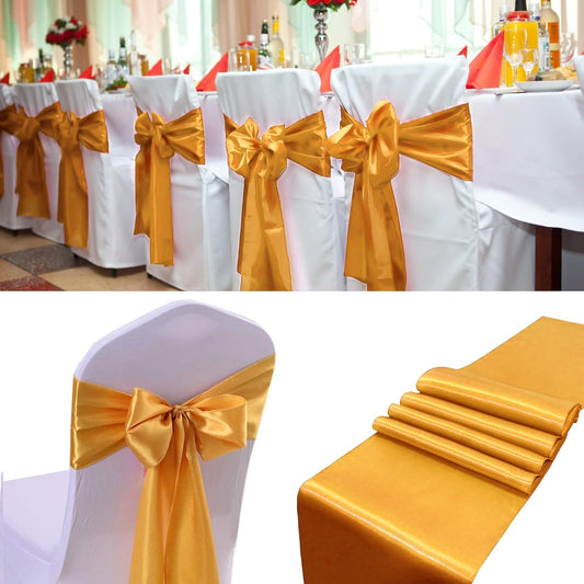 100 PCS Satin Chair Sashes Decorative Bows Satin Chair Sashes Ties Back Ribbon Bows Chairs Cover Band for Wedding Party Ceremony Reception Events Banquet Restaurant Home Kitchen Decor(7x108inch,Gold)