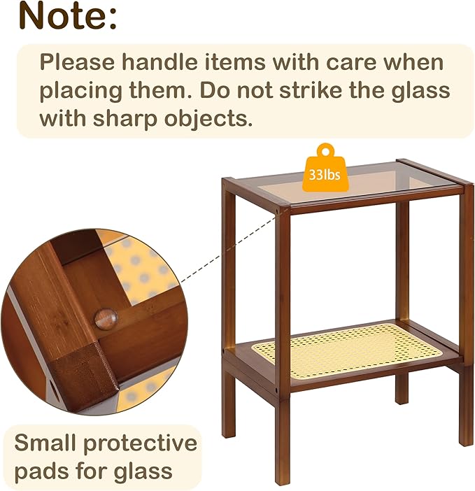 2-Tier Bamboo Side Table, Modern Glasstop Rattan Side Table, Mid Century Wood - Image 4