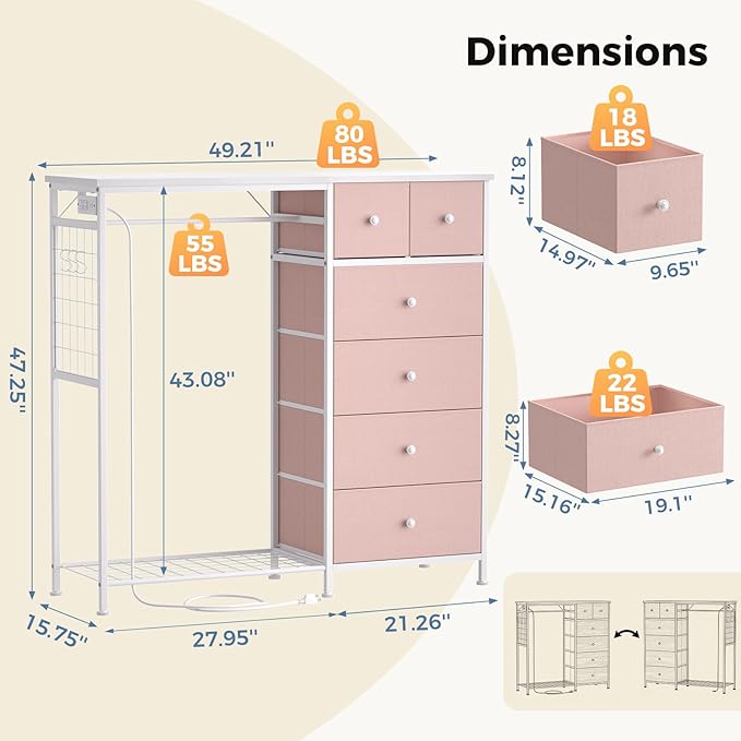 DUMOS Dresser for Bedroom with Hanging Rack, 6 Drawer Fabric Dresser with - Image 3
