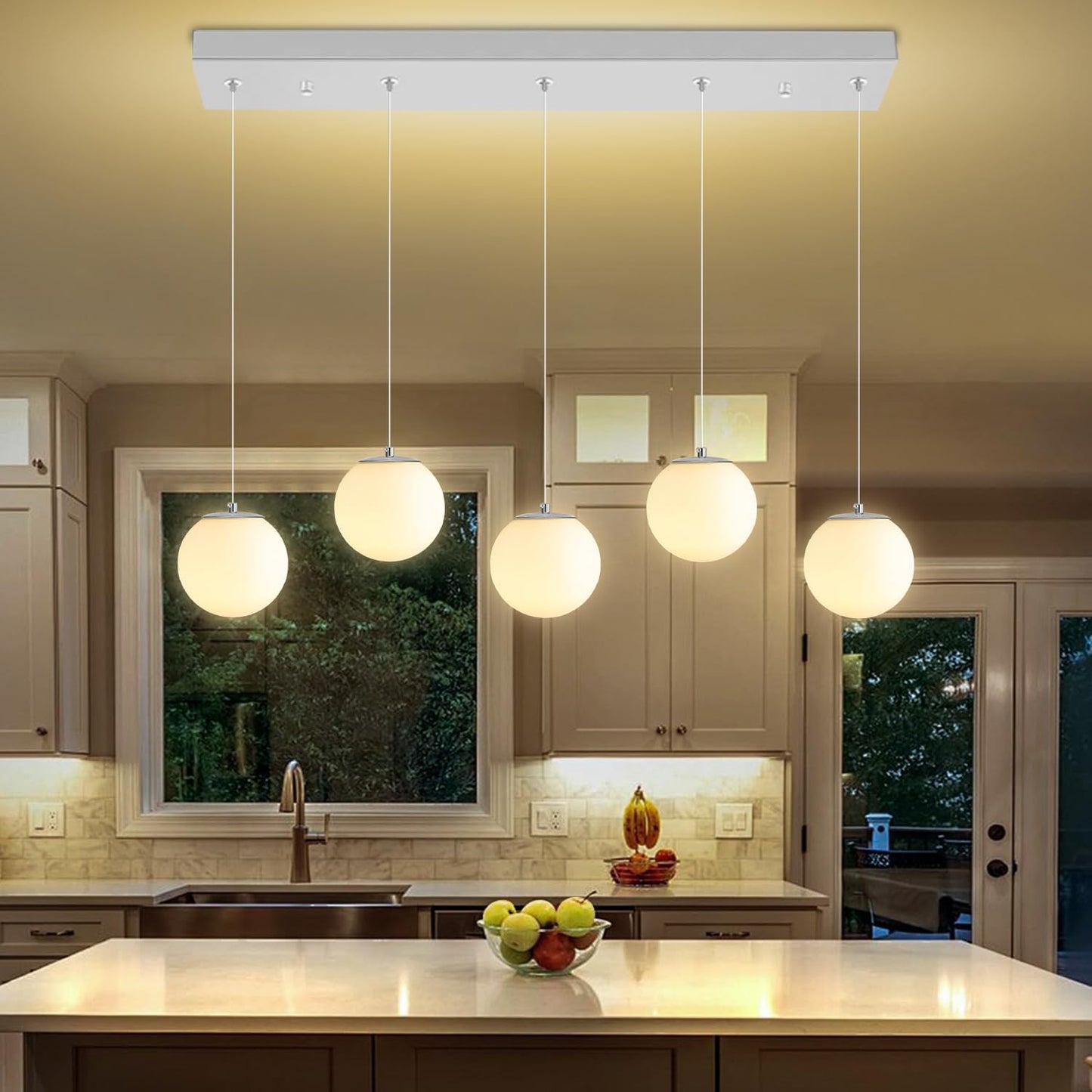 5-Lights Globe Pendant Light for Kitchen Island H 98" Silver Rectangle Chandelier Milk White Glass Pendant Lighting for Living Room Bedroom Entryway