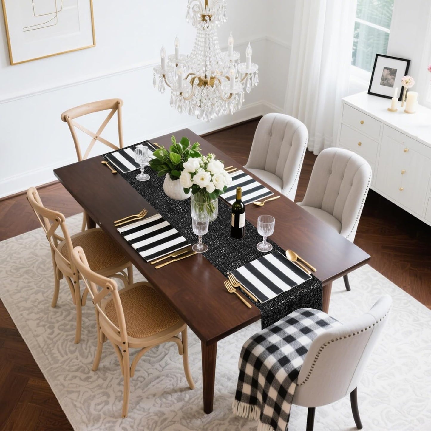 6 Packs 12 x 72 inches Sequin Table Runner, Black Glitter Table Runner for Birthday Party Supplies Wedding Engagement Baby Shower Holiday Celebration Event Decorations