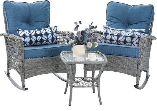Patio Furniture Set 3 Pieces, Wicker Rocking Bistro Set by VonzoyHome