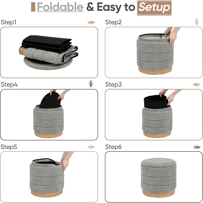 Round Storage Ottoman with Reversible Tray Lid, Folding Chenille Fabric - Image 7