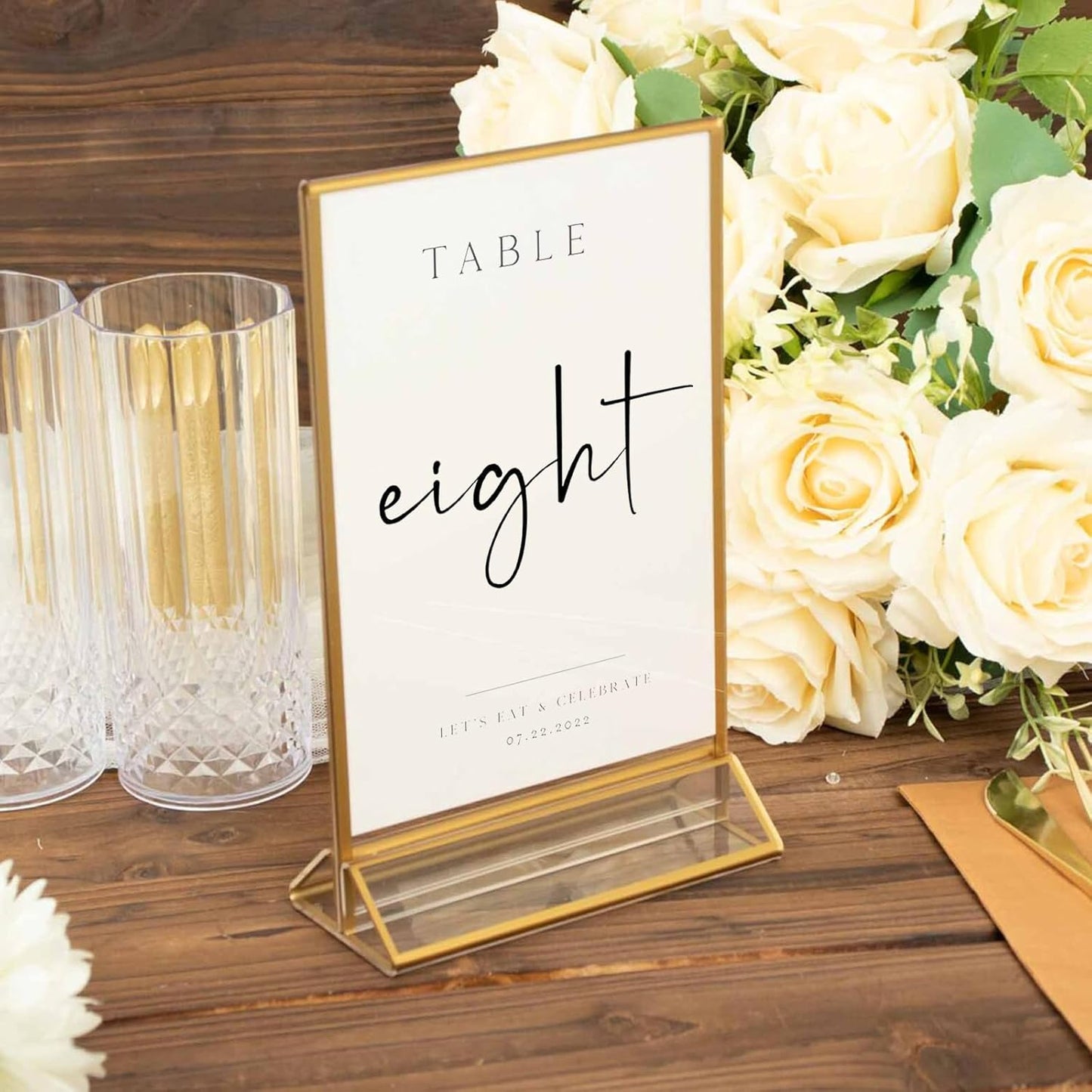 HOODO 8 Pack 4x6 Acrylic Table Number Holders with Golden Border, Double-Sided Clear Acrylic Sign Holder Gold Picture Frames Sign Holder, Vertical Stand (4"x6"-8 Pack)