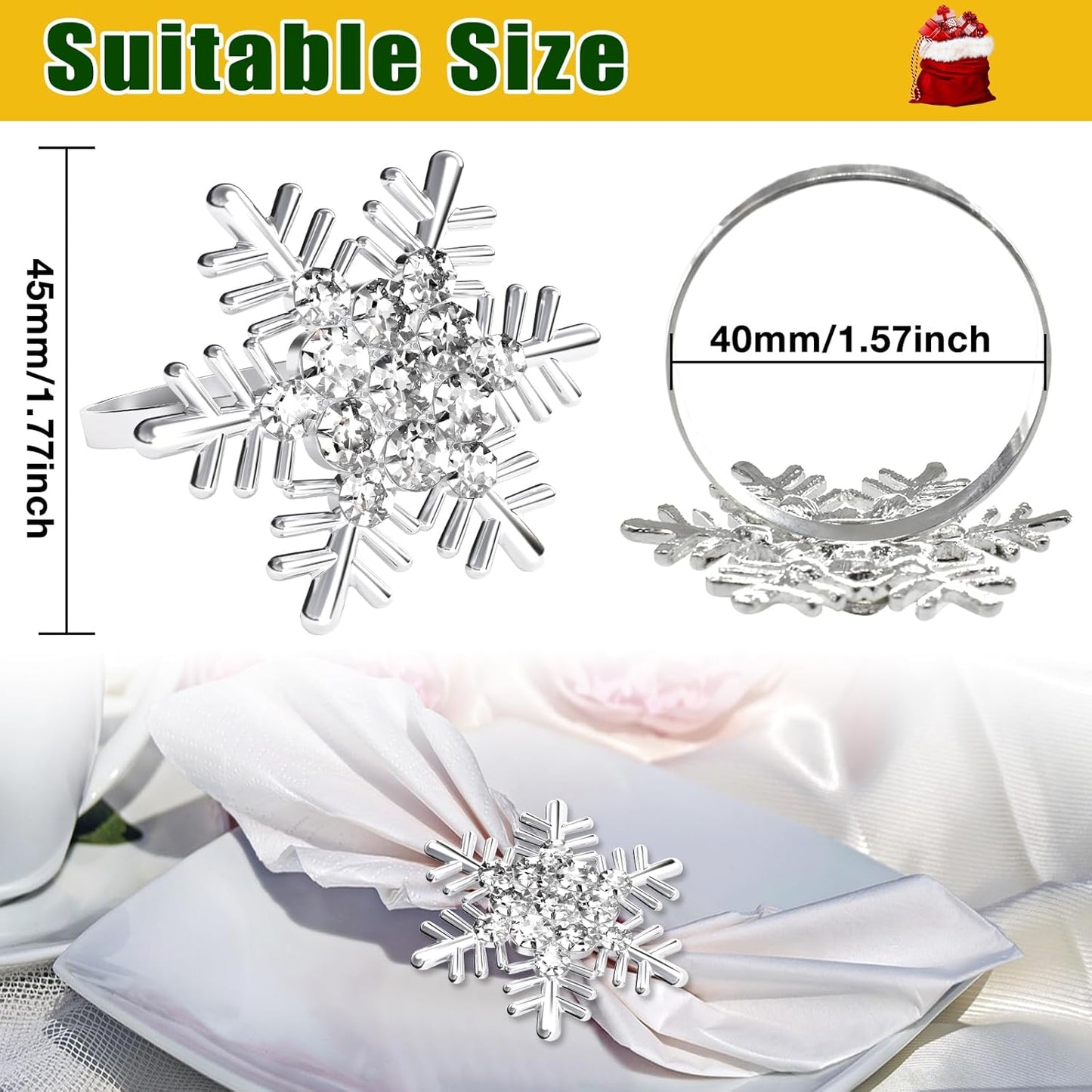 Halatool Christmas Silver Snowflake Napkin Rings Set of 6, Dinner Table Napkin Holder for Christmas Thanksgiving Winter Holiday Place Setting, Weddings, Party Table Decoration