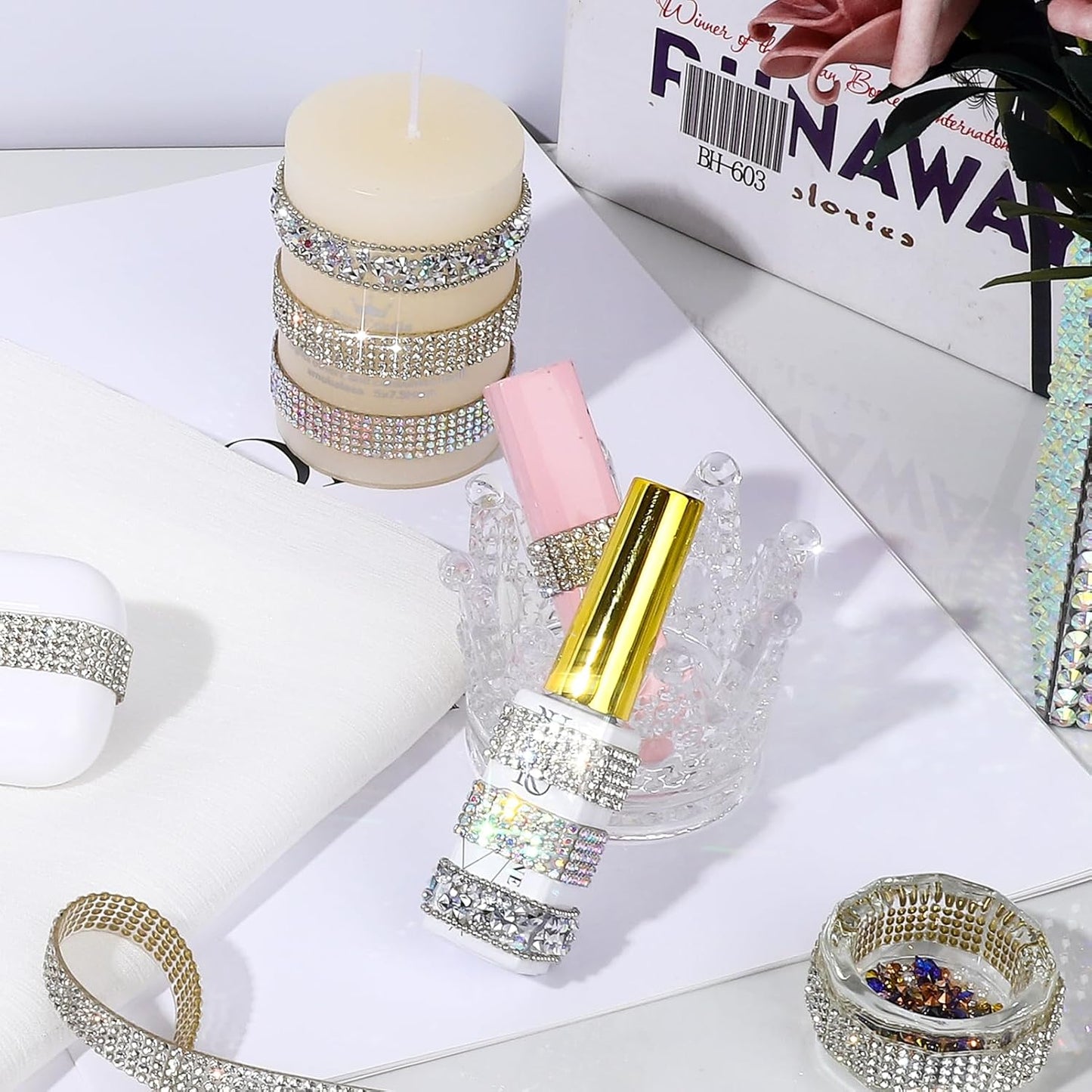 Rhinestone Ribbon 3 Yards Self Adhesive Rhinestone Strips Diamond Ribbon Sticker Crystal Roll Glitter Bling 2mm Rhinestones Tape for Crafting DIY Art Decoration (Silver,0.4 Inch)