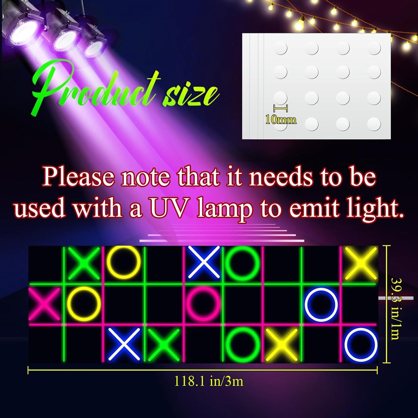 Haull 118 x 39 Inch Neon Light up Dance Floor Glow in The Dark Runner UV Reactive Blacklight Floor Aisle Runner Decor Wall Props for 80s 90s Neon Birthday Party Decorations(Tic Tac Toe)