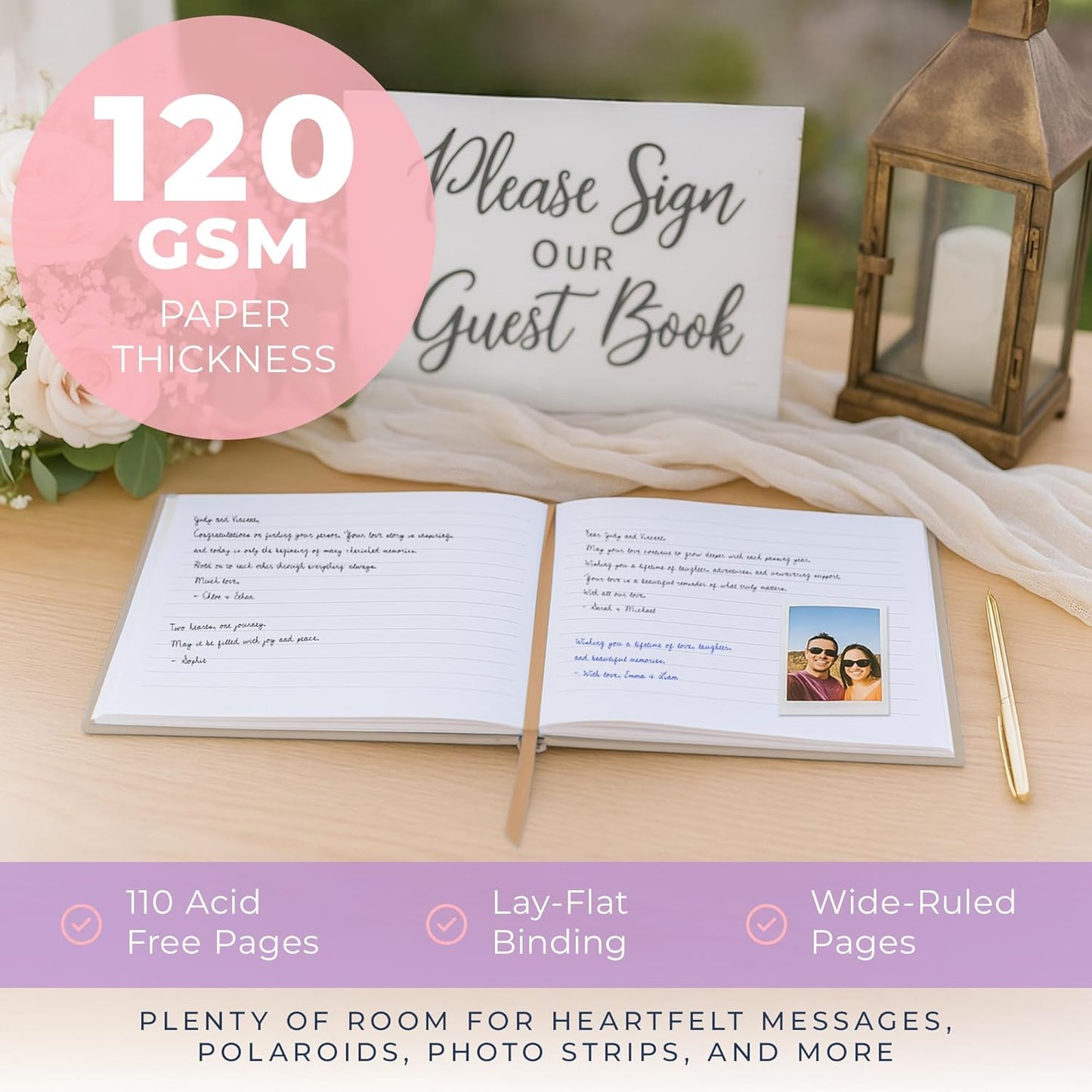 Promot Personalized Guestbook for Party (Champaigne Beige) - 110 Lined Pages in Wood-Free Vegan Leather Hard Cover - Wedding Guest Book Sign in and Photos, Baby Shower, Birthday or Graduation