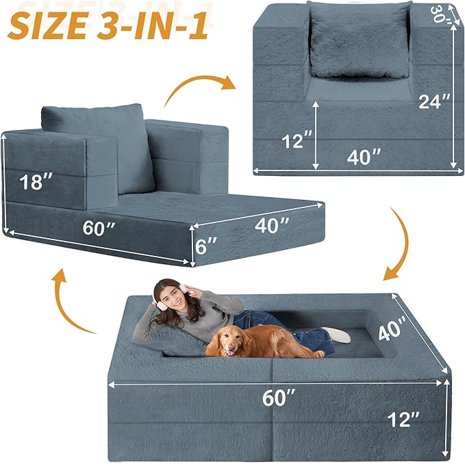 Folding Bean Bag Chair for Adults, 3-in-1 Bean Bag Couch Faux Fur Floor Sofa - Image 3