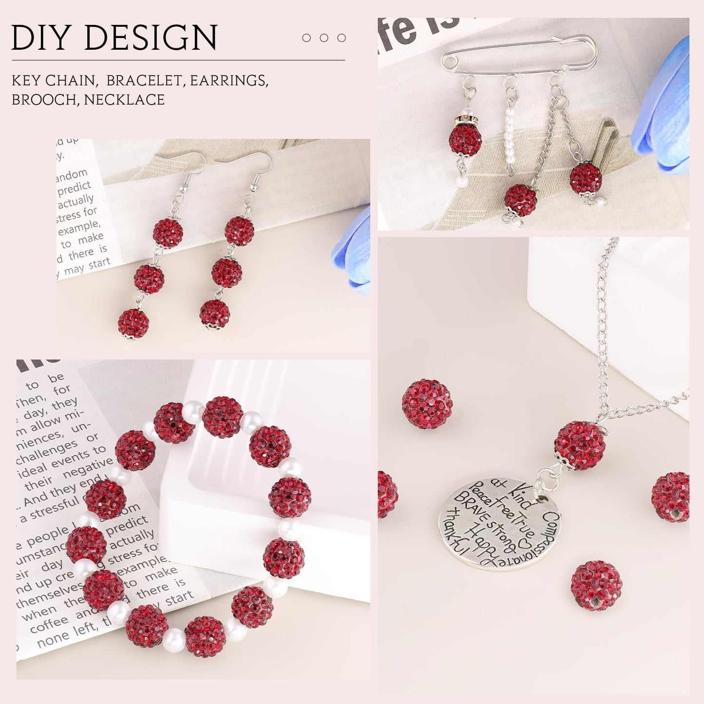 100 pcs 10mm Rhinestone Beads for Jewelry Making, Dark Red Shiny Round Shamballa Disco Beads Bulk, Sparkle Crystal Clay Christmas for Bracelet Baseball Necklace Earring Crafting and DIY
