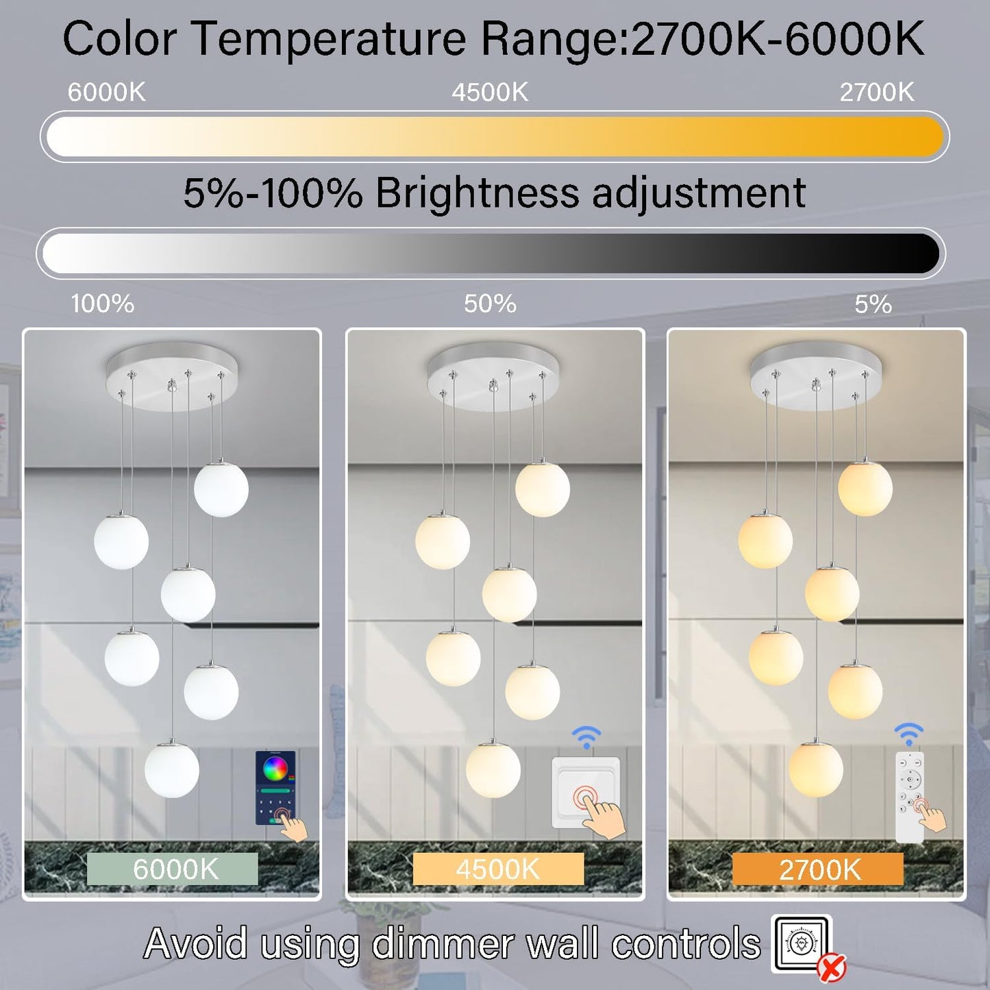 H 87in Globe Pendant Light 6-Lights Modern Hanging Chandelier for Kitchen Island Silver Globe Chandelier Milk White Glass Pendant Lighting for Living Room Bedroom Entryway