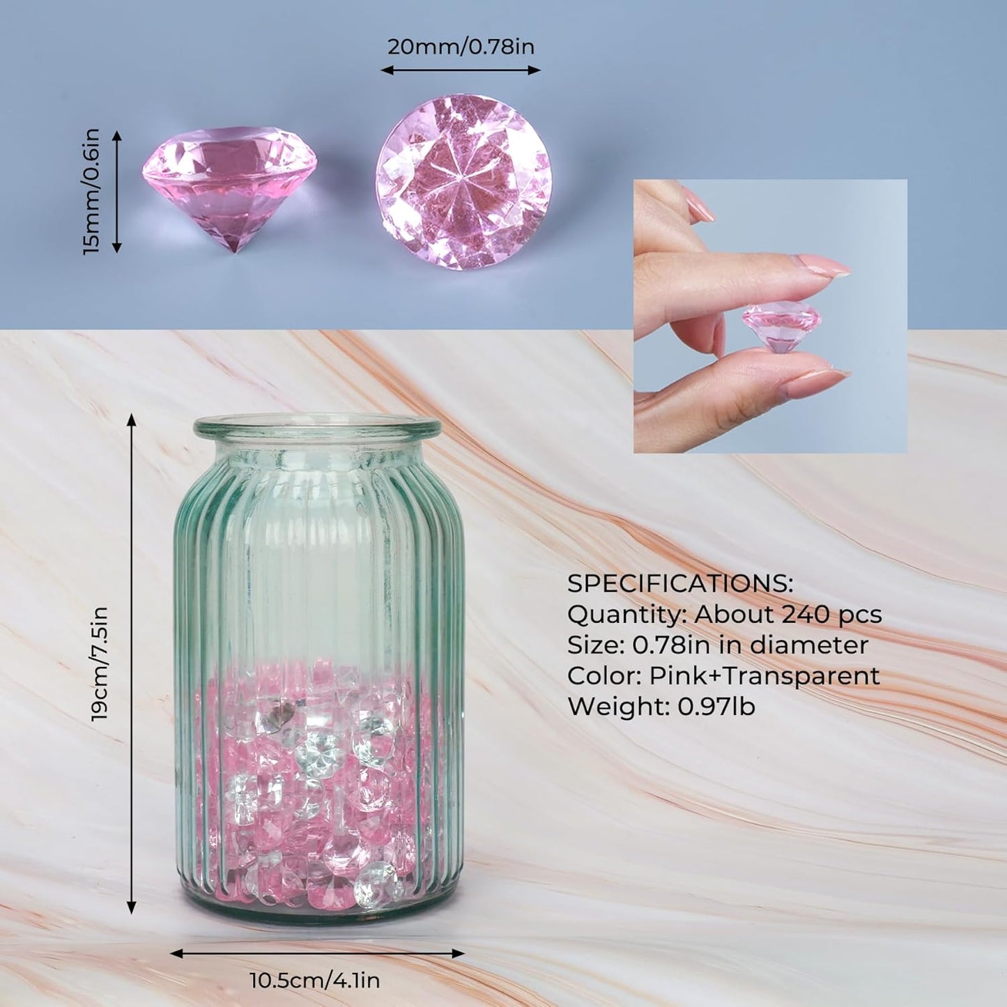 Acrylic Diamond Fake Gems Vase Filler, Babenest 240pcs 3/4 Inch Faux Diamonds Crystals Jewels for Table Scatters Wedding Party Event Arts & Crafts Birthday Decoration (240, Pink/Clear)