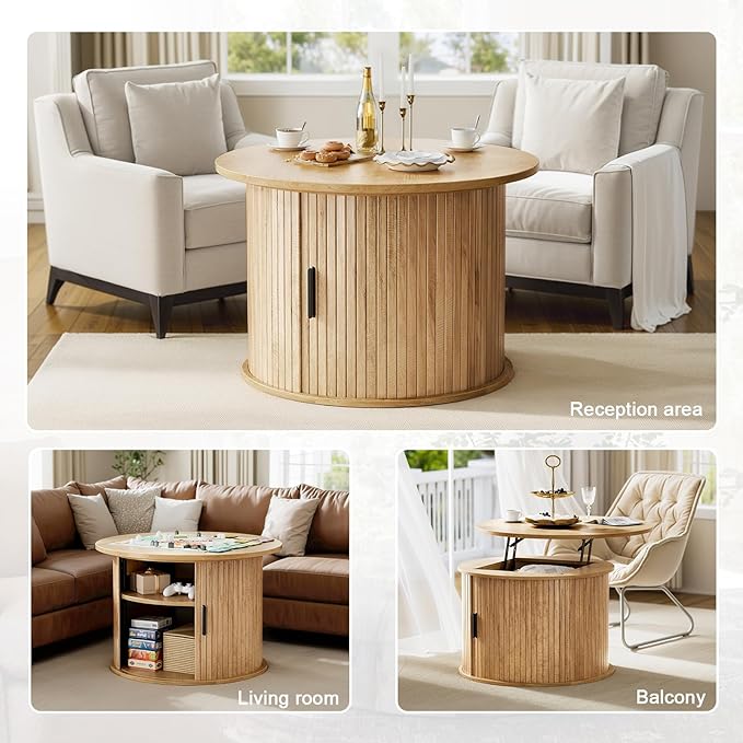 FABATO Round Lift Top Coffee Table, Fluted Wood Accent Coffee Table - Image 7