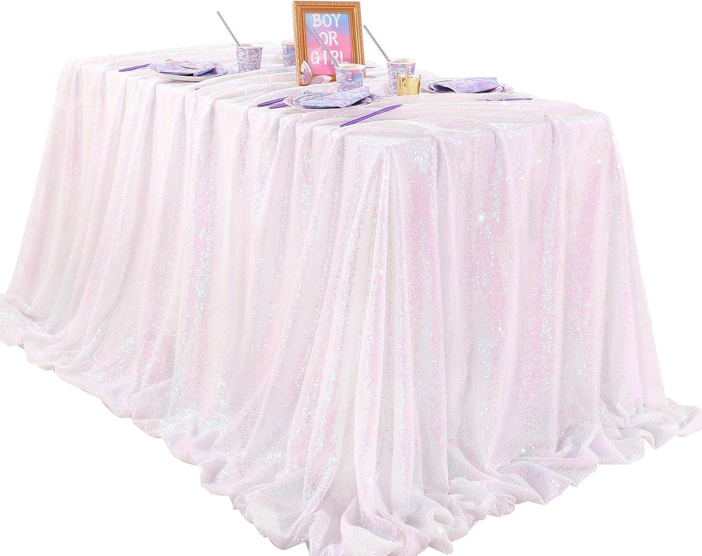 QueenDream Iridescent Mermaid Themed Party Decorations: 90x90 Inch Sequin Table Cloths White Birthday Tablecloth Glitter Fabric Overlay
