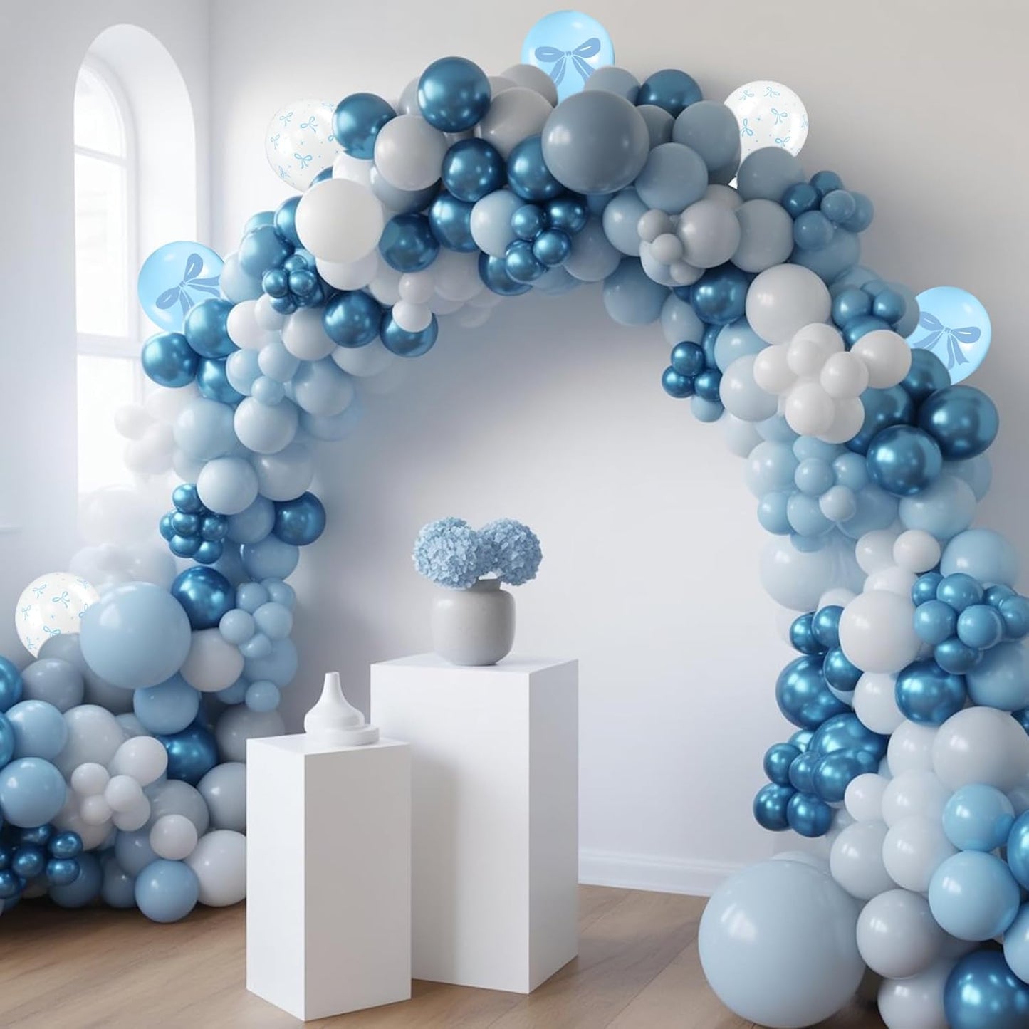 Blue Bow Balloons, 60pcs White And Blue Balloons, Metallic Macaron Preal White Balloon Bow Print Balloon For Girls Women Lady Birthday Baby Shower Party Wedding Bridal Shower Bachelorette Decorations