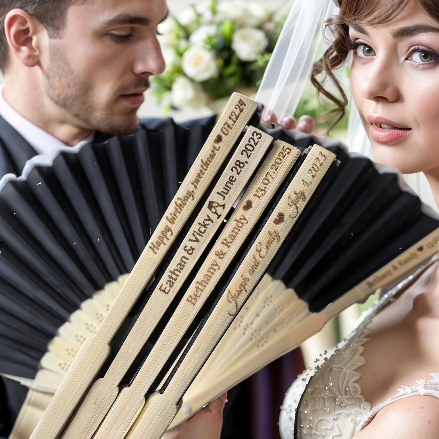 5Pcs Personalized Silk Fans Folding Hand Fan, Custom Wedding Bridal Party Favors, Summer Wedding Bride, Wedding Gift, Thank You Gift (Black)