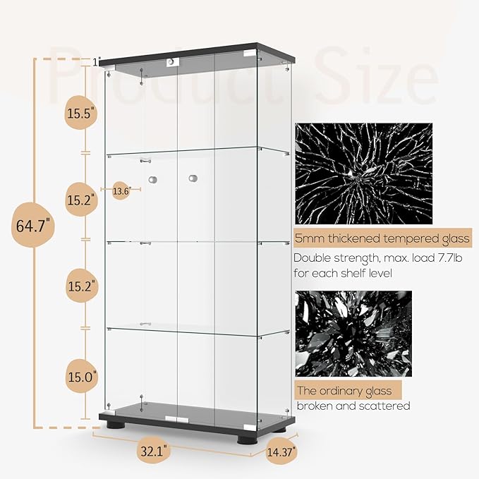 Display Cabinet with Glass Door and Lock, 4-Shelf Fast Installation in 30 Mins - Image 2
