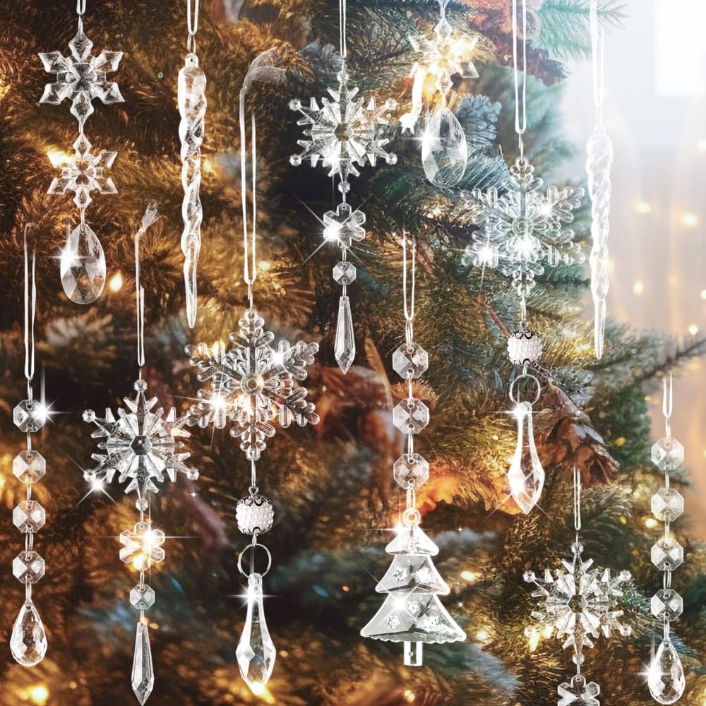 Lanpn 26PCS Christmas Ornaments Crystal Christmas Tree Decoration, Hanging Clear Acrylic Snowflake Icicle Drop Pendants for Xmas Winter Outdoor Indoor Party Decoration Transparent