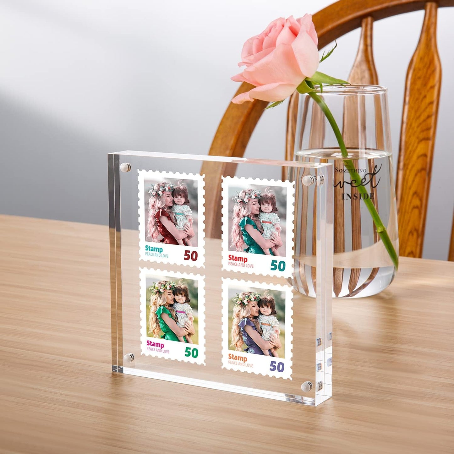 Acrylic Picture Frame, Clear Freestanding Double Sided 20mm Thickness Frameless Magnetic Photo Frames Desktop Display with Gift Box Package (4x4 2pack)