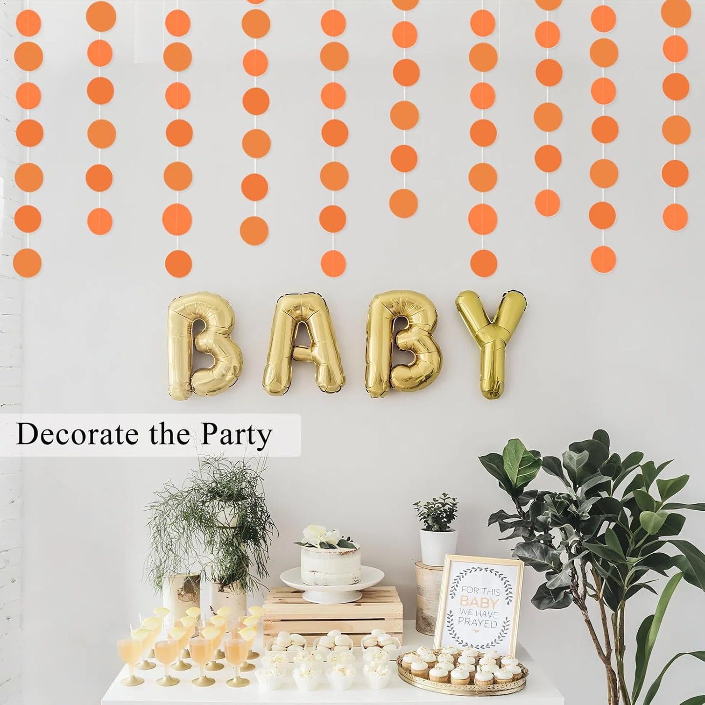 MerryNine Paper Garland 5 Pack, 65 Ft Glitter Paper Garland Circle Dots Hanging Decor, Banner for Baby Shower, Birthday, Nursery Party Decor (Orange)