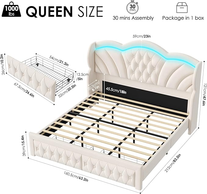 Keyluv Queen Bed Frame with LED Lights and 2 Storage Drawers, Velvet - Image 2