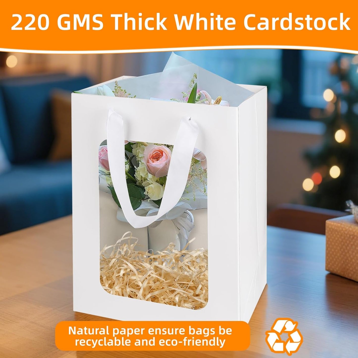 MOXARYSU 3 Pcs White Gift Bags with Clear Window: 9.8x5.1x7.1 Inch Medium Kraft Paper Bags with Handle For Party Business Birthday Wedding (White,3p)