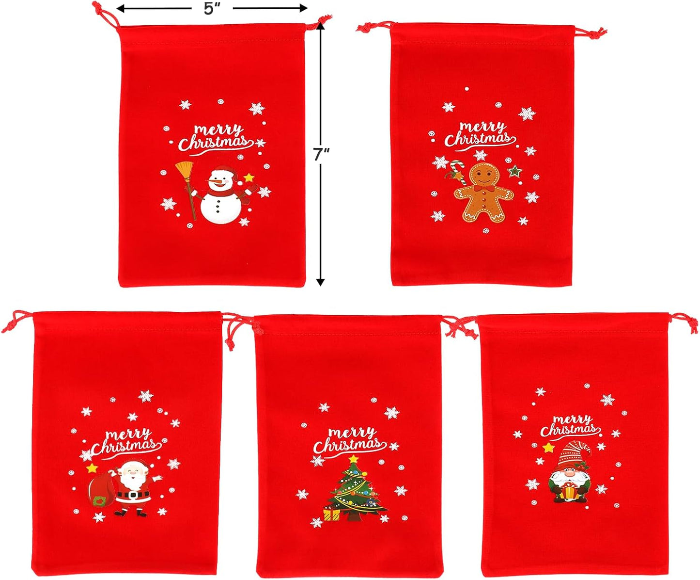 Tapleap Velvet Coth Christmas Bags with Drawstring, 50Pcs 5x7 for Wrapping Christmas Party Favors or Gifts for Friends, Small Bussiness, Children, Coworkers