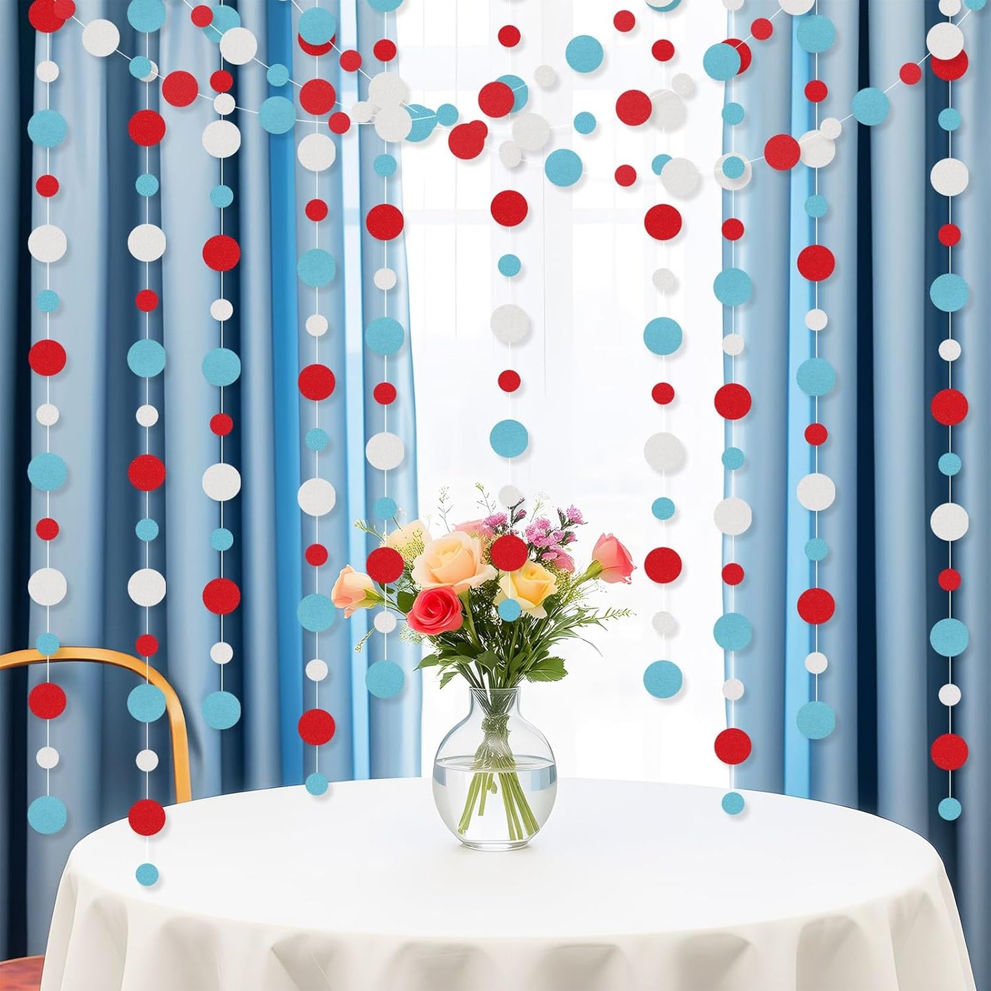 Outus 5 Pieces Colorful Dots Paper Garland Round Glitter Garland Hanging Confetti Streamers Backdrop for Candy Birthday Classroom Halloween Trunk or Treat Car Decoration (Light Blue,White,Red)