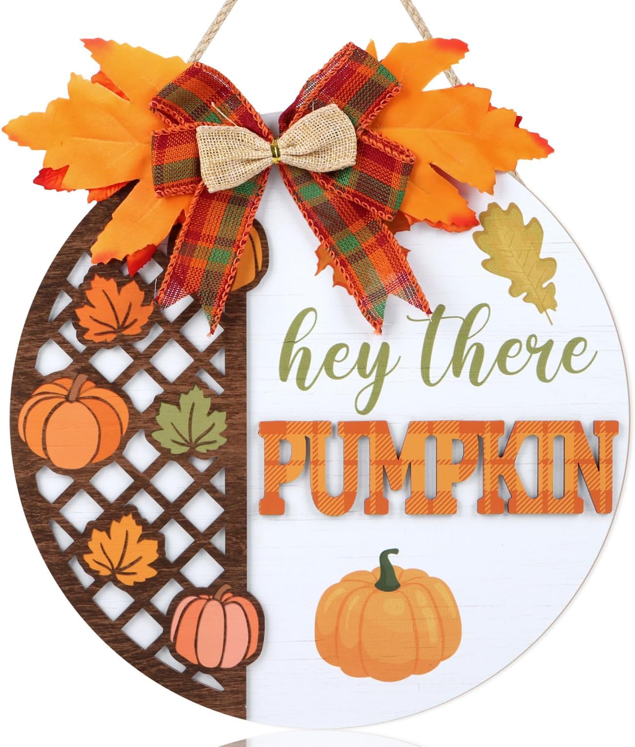 CHDITB Hey There Pumpkin Front Door Sign Wreath(12"x12"), Wooden 3D Hello Fall Autumn Decoration Wall Hanging, Rustic Welcome Home Decor Hanger for Porch Outdoor Thanksgiving