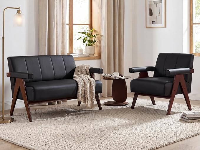 STHOUYN Black Leather Loveseat Sofa and Accent Chair, Mid-Century Modern Office by STHOUYN