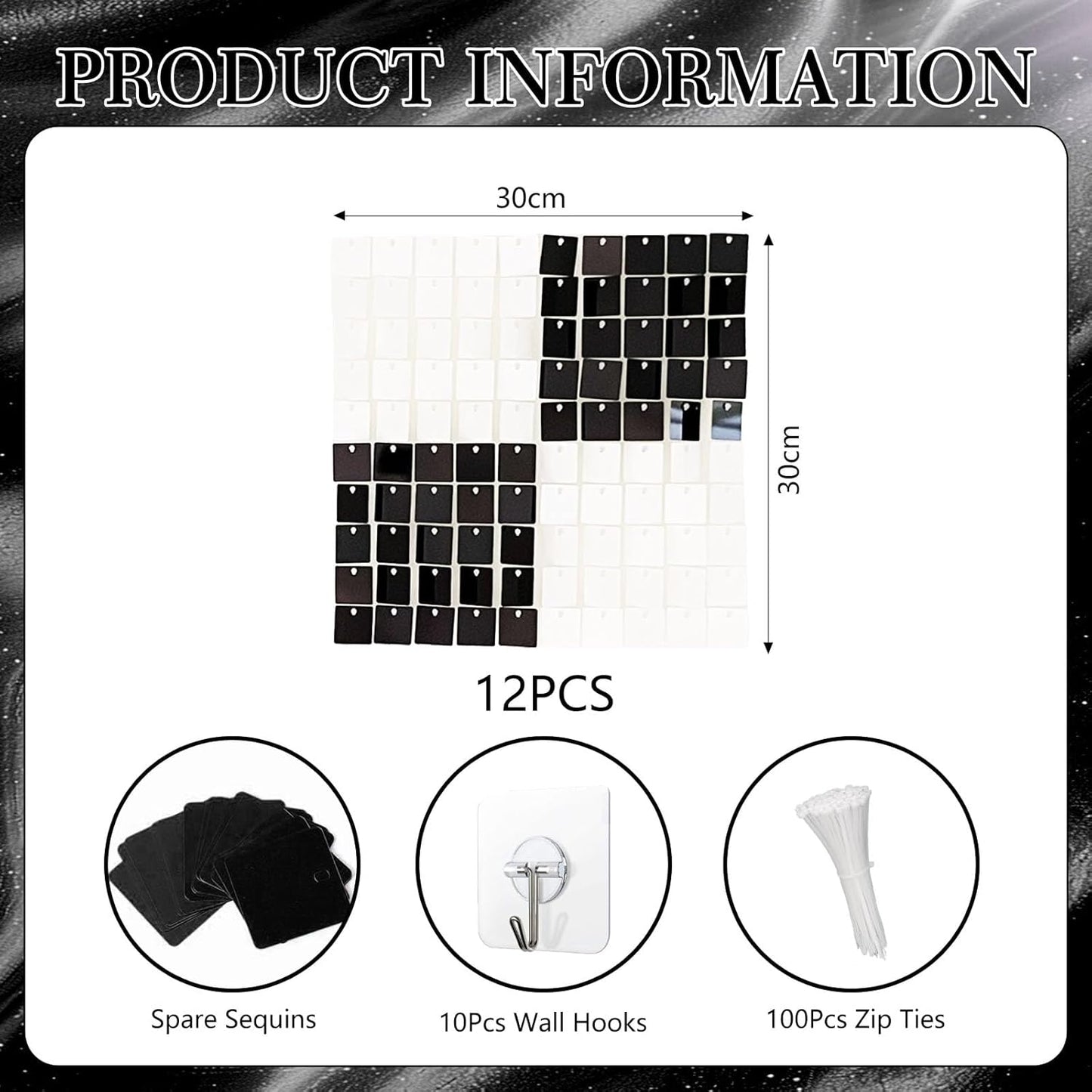 12PCS Black White Shimmer Wall Backdrop, Square Sequin Photo Backdrops Panel, Glitter Wall Background for Birthdays, Weddings, Christmas, Engagements, Disco Bachelorette Party Decor (3FTx4FT)
